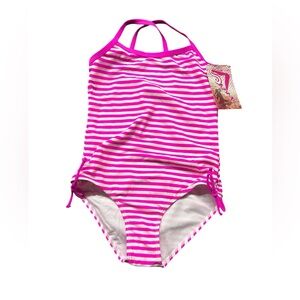 KANU SURF girls size 12 BALI pink white stripe one piece swimsuit style 2535 NWT